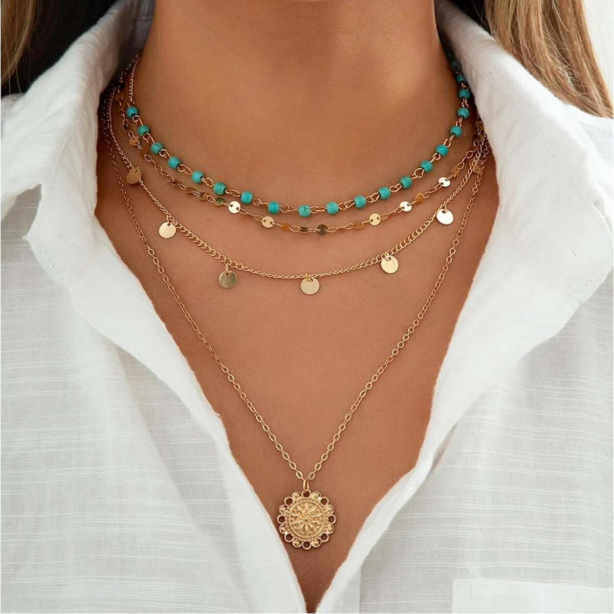 Teal & Goldtone Medallion Pendant Necklace Set - White sold by Zulily