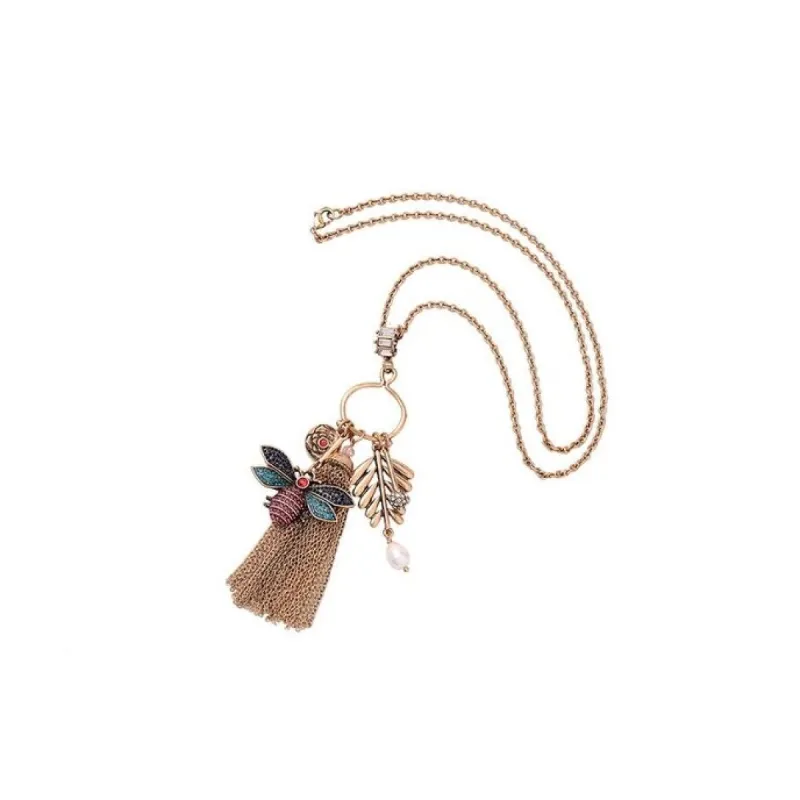 Goldtone Tasseled Necklace With Bee Leaf - White sold by Zulily