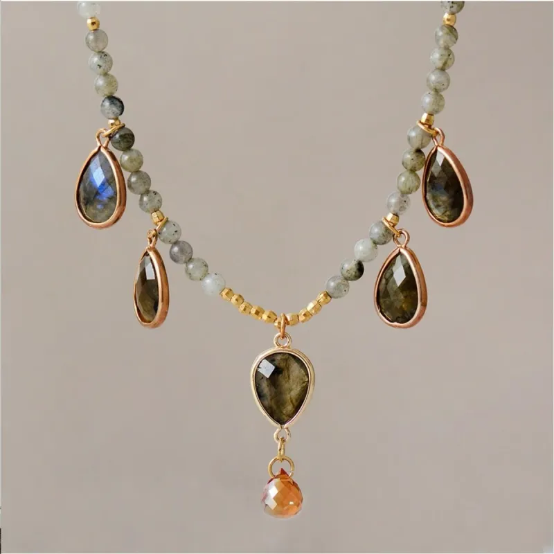 Labradorite Beaded Teardrop Natural Stone Necklace - White sold by Zulily