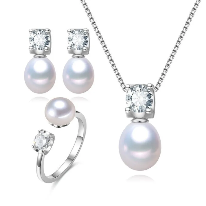 White Freshwater Pearl Solitaire Cubic Zirconia Earrings, Adjustable Ring Pendant Necklace Set sold by Zulily