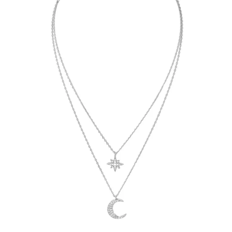 Sterling Silver & CZ Eight Point Star & Crescent Moon Layered Necklace - White sold by Zulily