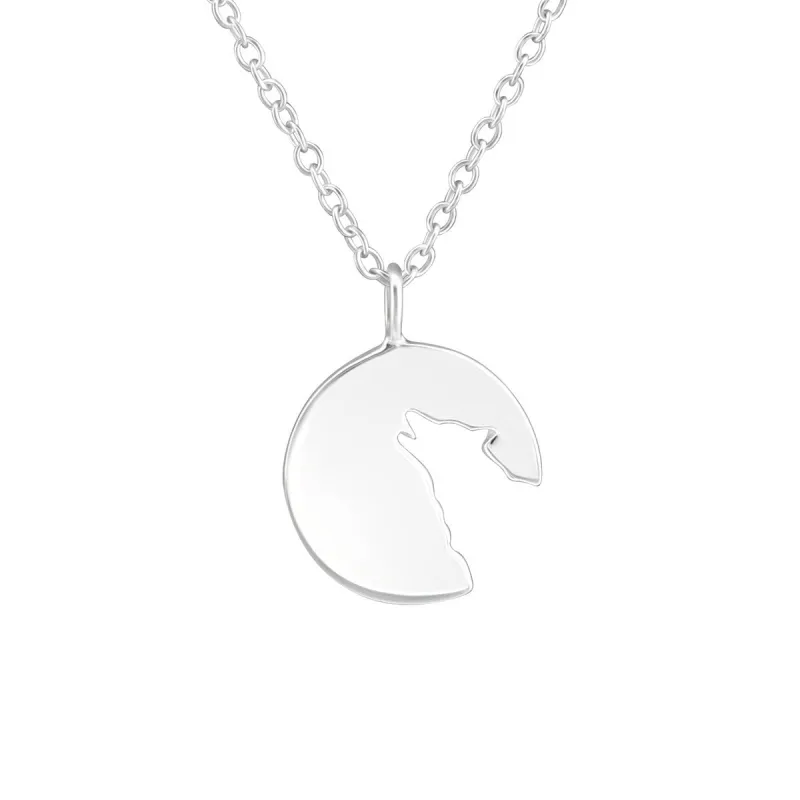 Sterling Silver Cut-out Wolf Round Pendant Necklace - White sold by Zulily