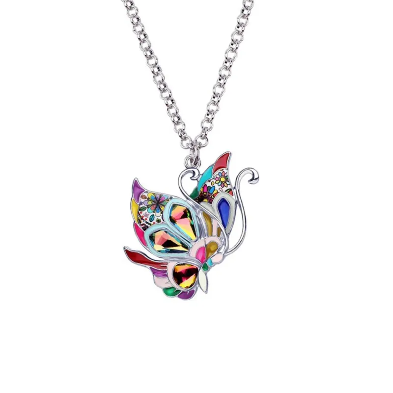 Silvertone Multi Colored Butterfly Pendant Necklace - White sold by Zulily