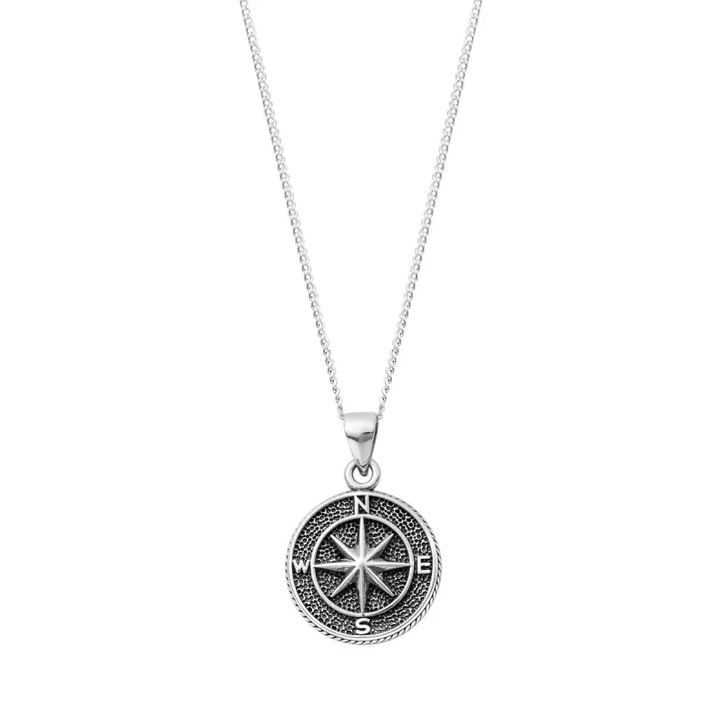 Sterling Silver Oxidized Compass Round Pendant Necklace - White sold by Zulily