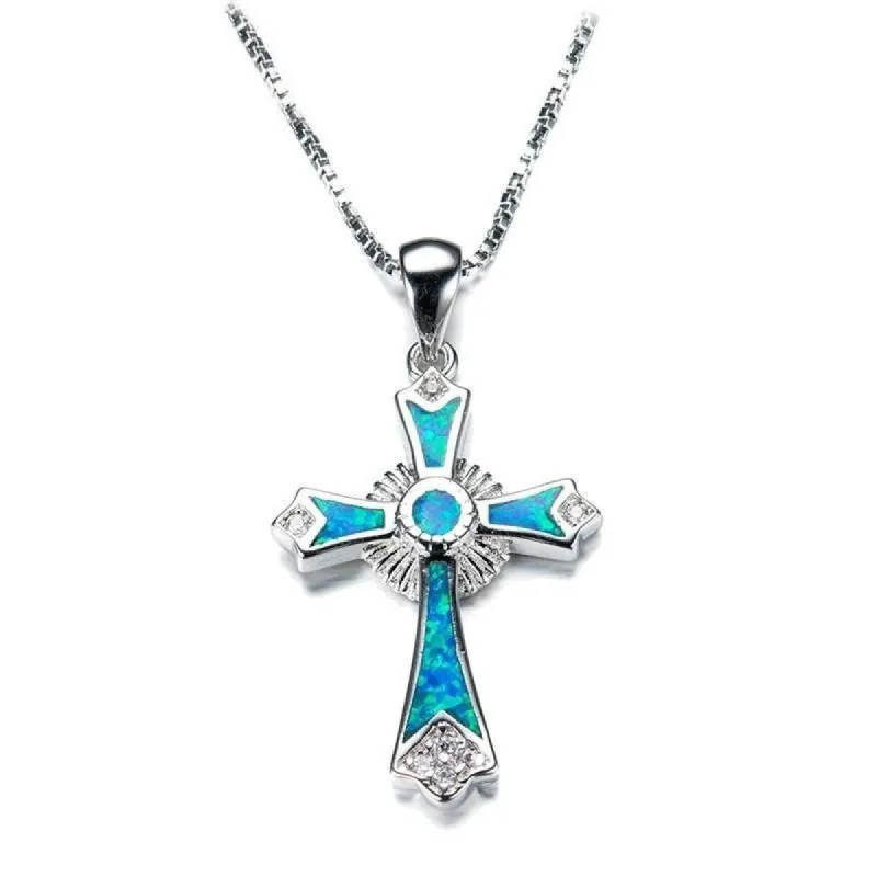 Sterling Silver & Blue Lab Opal CZ Ornate Cross Pendant Necklace - White sold by Zulily