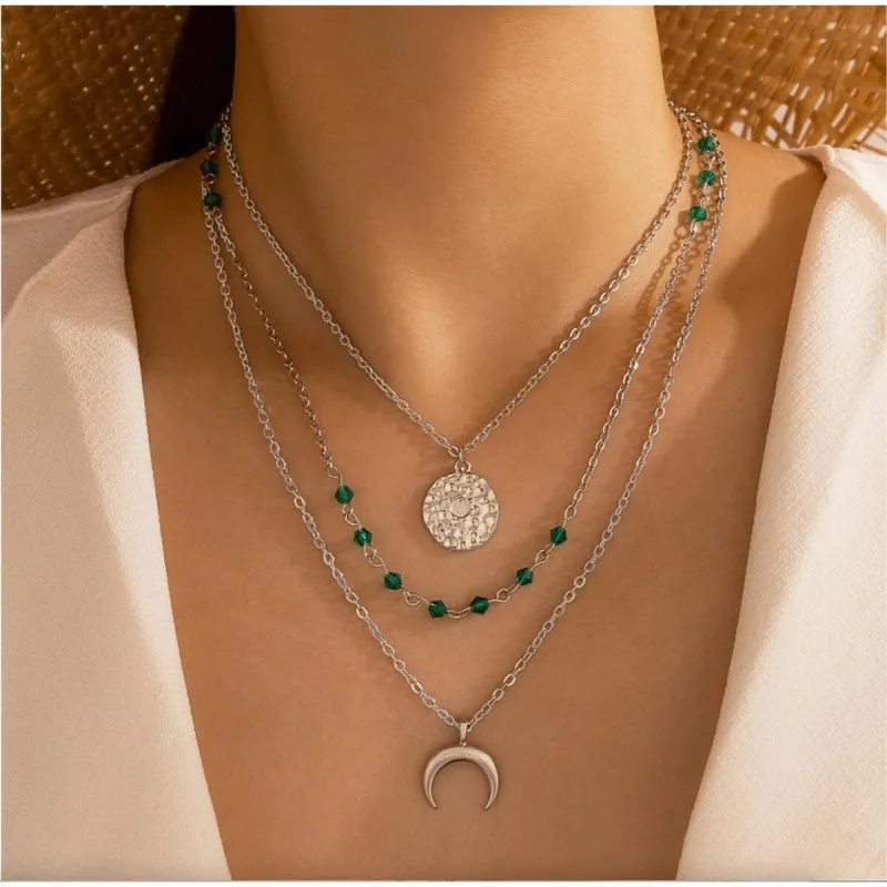Green Silvertone Crescent Moon Layered Necklace - White sold by Zulily