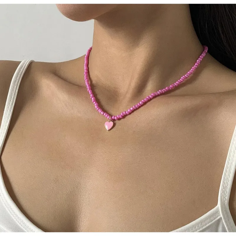 Pink Beaded Dainty Heart Necklace - White sold by Zulily