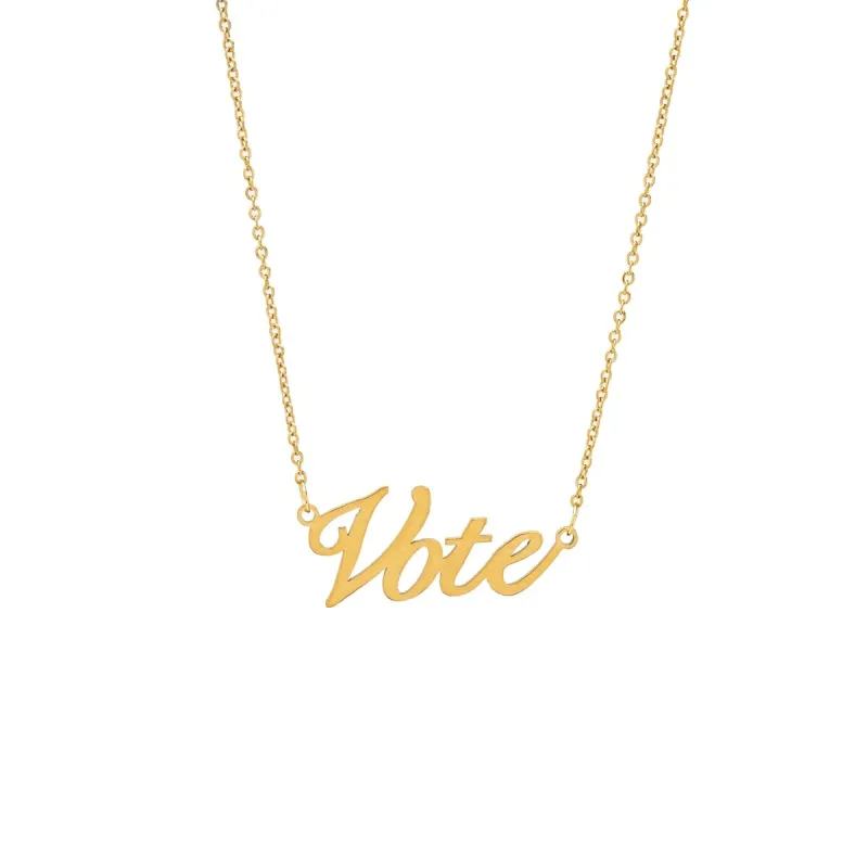 Gold Plated Stainless Steel Script Vote Necklace - White sold by Zulily