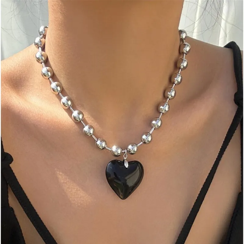 Silvertone Ball Chain & Black Crystal Heart Pendant - White sold by Zulily