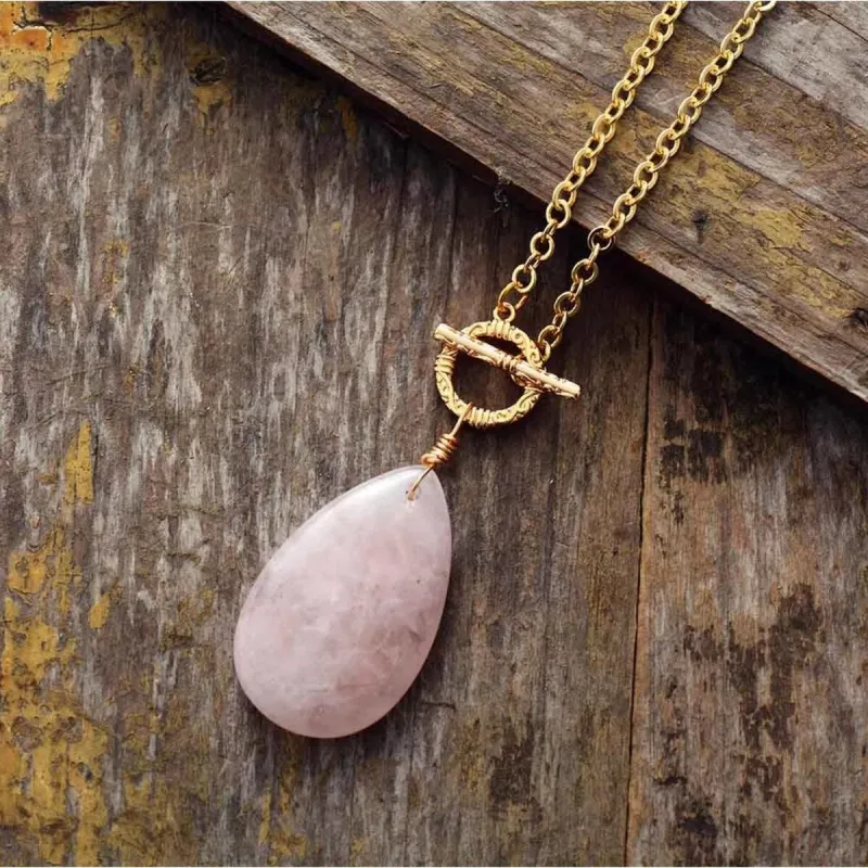Goldtone Rose Quartz Teardrop Toggle Necklace - White sold by Zulily