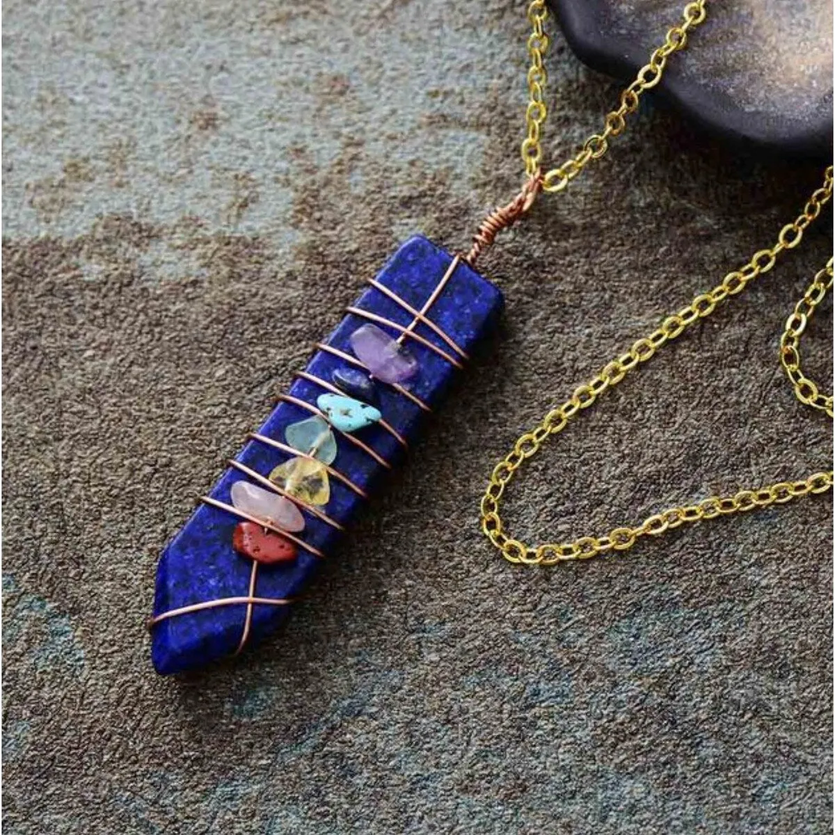 Goldtone Lapis Prism Chakra Pendant Necklace - White sold by Zulily