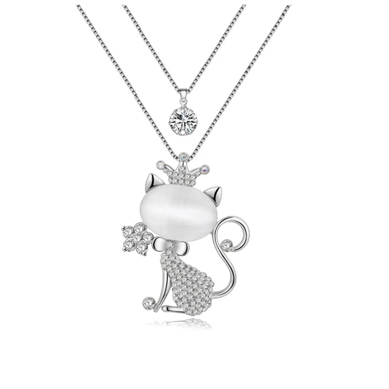 Silvertone Layered Crystal Cat Necklace - White sold by Zulily