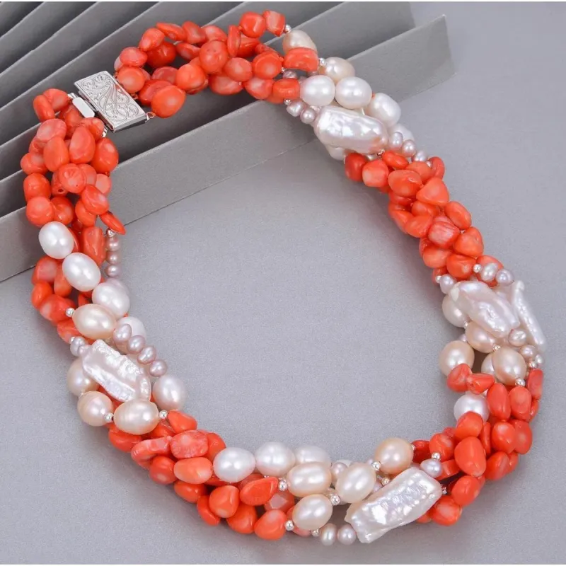 5 Strand White Biwa Pearl & Coral Stone Statement Necklace sold by Zulily
