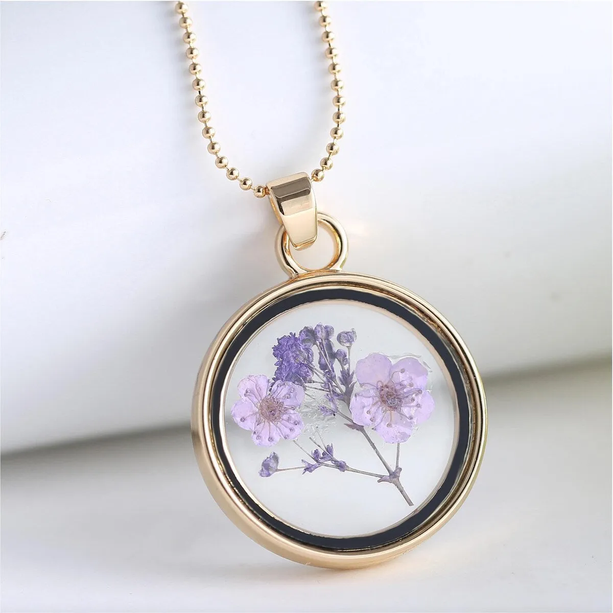 Goldtone Purple Dried Flower Circular Pendant Necklace - White sold by Zulily