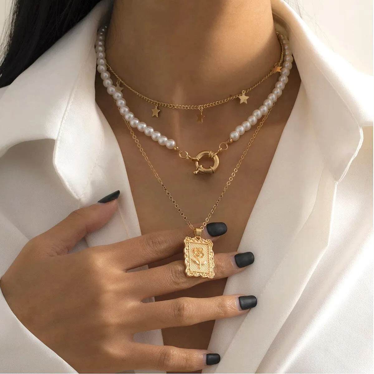 Goldtone Imitation Pearl Necklace With Stars And Rose - White sold by Zulily