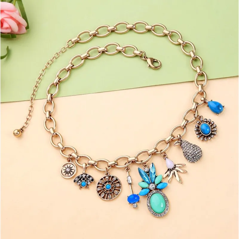 Blue Mix Turquoise Pineapple Charm Necklace - White sold by Zulily