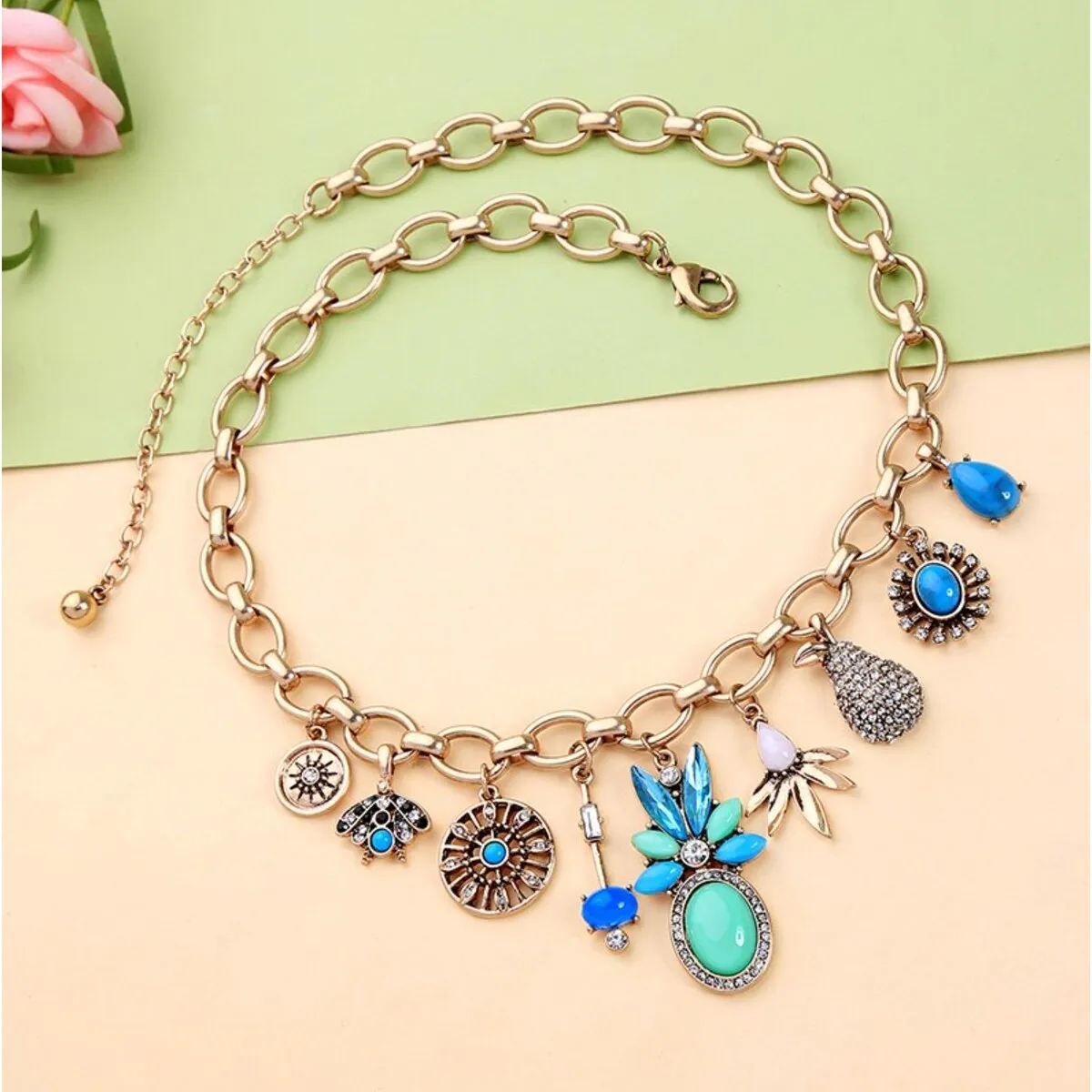 Blue Mix Turquoise Pineapple Charm Necklace - White sold by Zulily