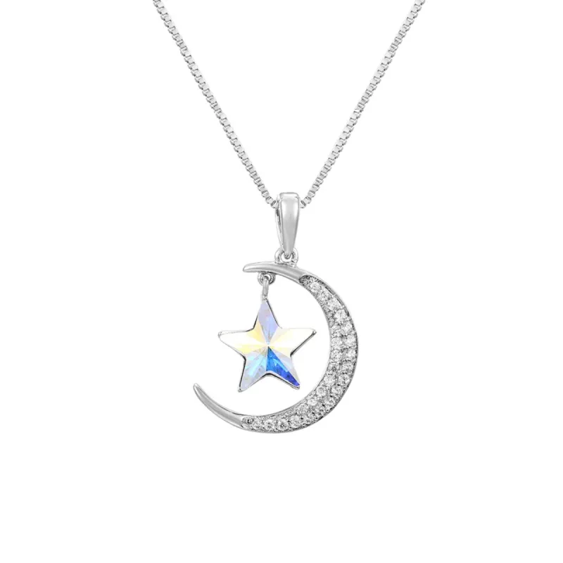 Silvertone Moon Crescent & Star Swarovski Crystal Pendant Necklace - White sold by Zulily