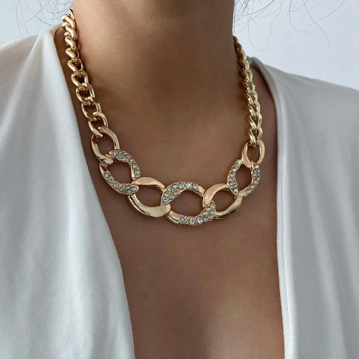 Goldtone Statement Chunky Chain And Crystal Necklace - White sold by Zulily