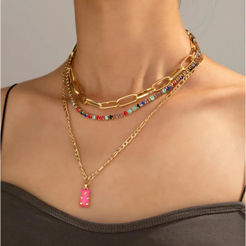 Goldtone Multi Colored Crystal Layered Necklace With Pink Gummy Bear - White sold by Zulily