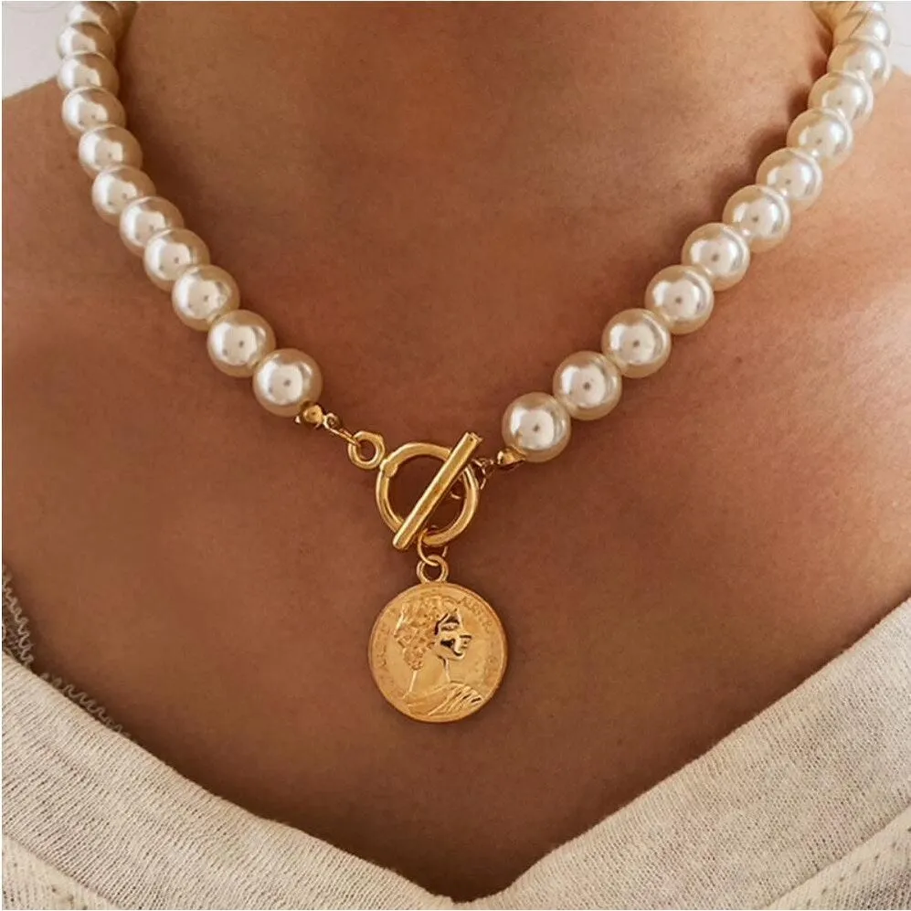Imitation Pearl Goldtone Medallion Necklace - White sold by Zulily