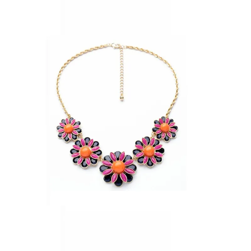 Goldtone, Pink And Black Floral Bib Necklace - White sold by Zulily