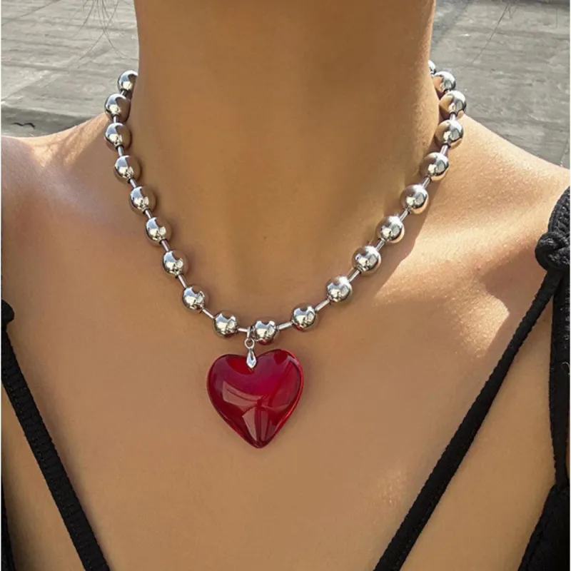 Silvertone Ball Chain & Red Crystal Heart Pendant Necklace - White sold by Zulily