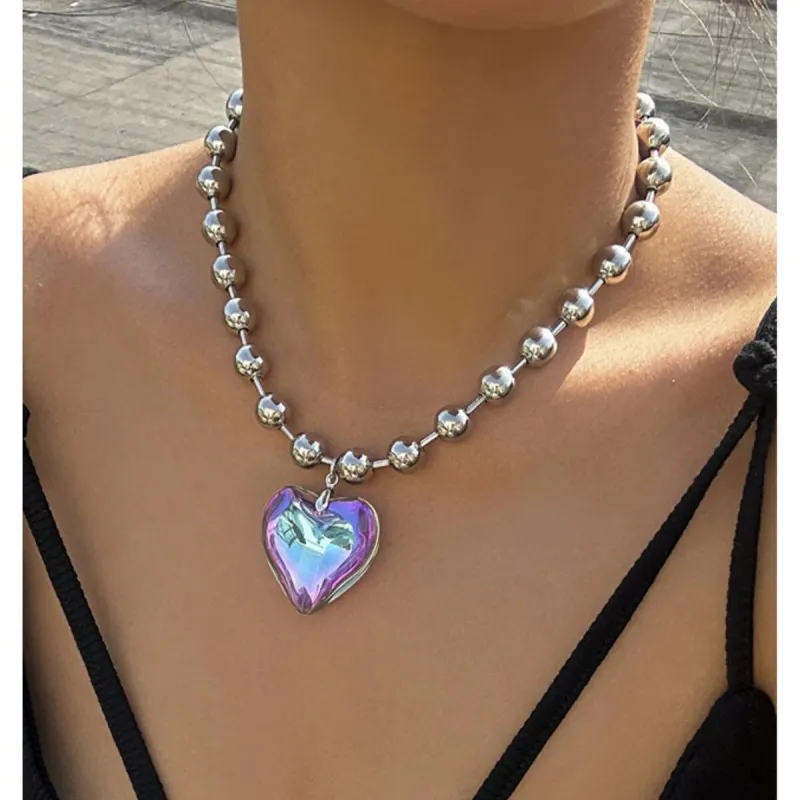 Silvertone Ball Chain & Iridescent Heart Pendant Necklace - White sold by Zulily