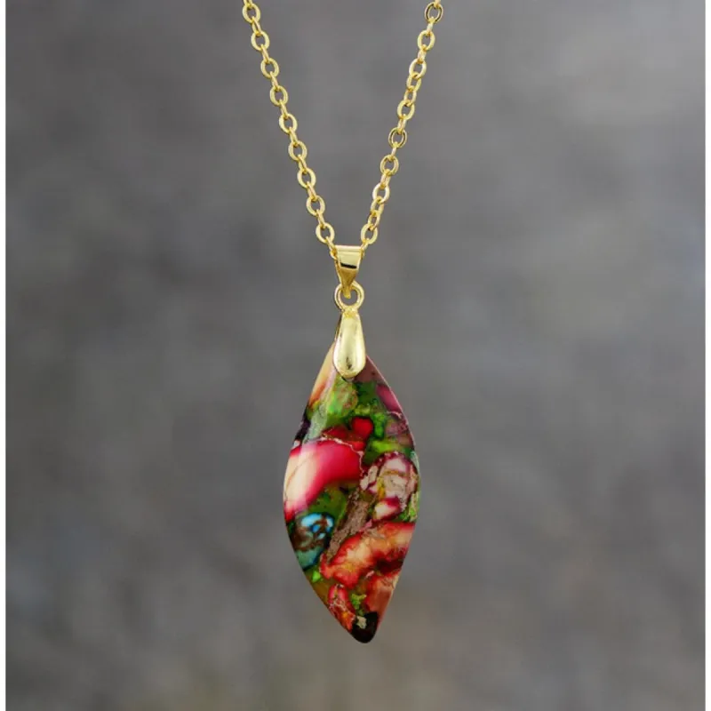 Goldtone & Multi Colored Red Jasper Leaf Pendant Necklace - White sold by Zulily