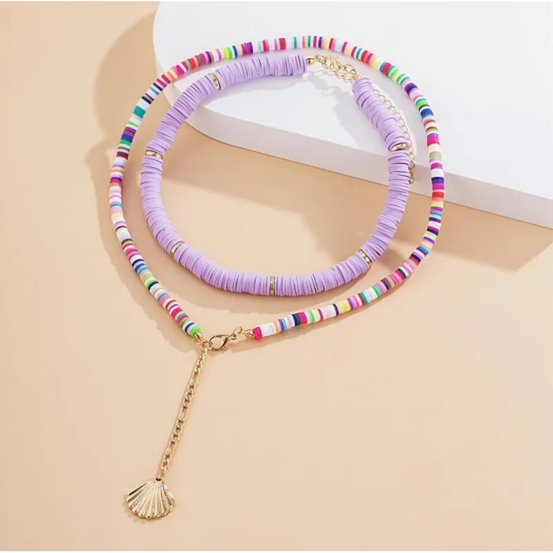 Purple Multi Colored Beaded Layered Necklace With Shell - White sold by Zulily