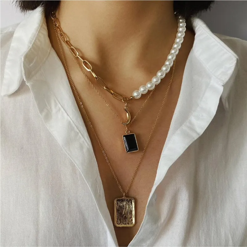 Goldtone Black Rectangular Layered Necklace - White sold by Zulily