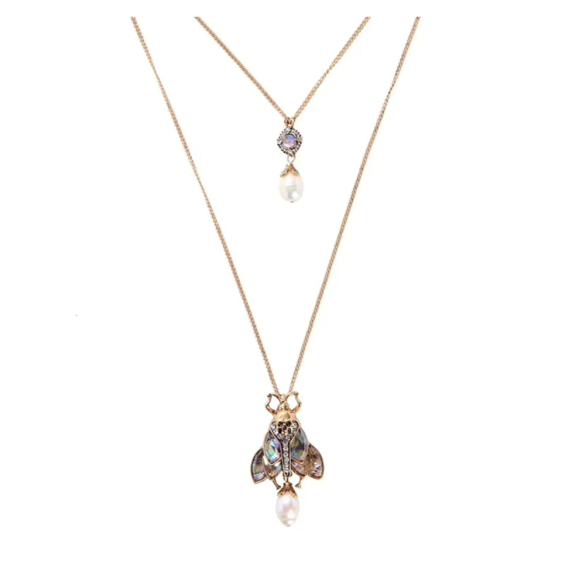 Goldtone Multi Coloured Beetle and Freshwater Pearl Layered Necklace - White sold by Zulily