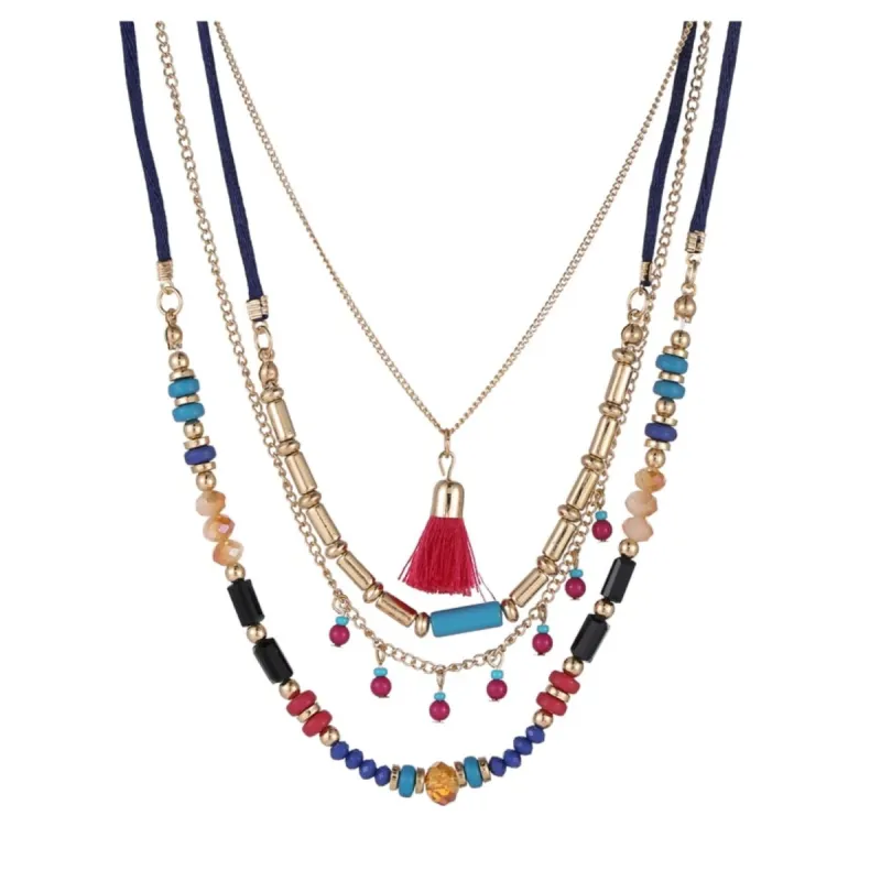 Multi Colored Goldtone Beaded And Tassel Layered Necklace - White sold by Zulily