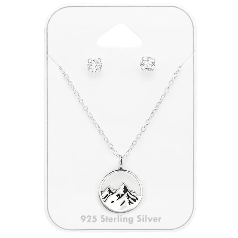 Sterling Silver Clear Cz Stud With Dainty Mountain Pendant Necklace - Ag Sterling - White sold by Zulily