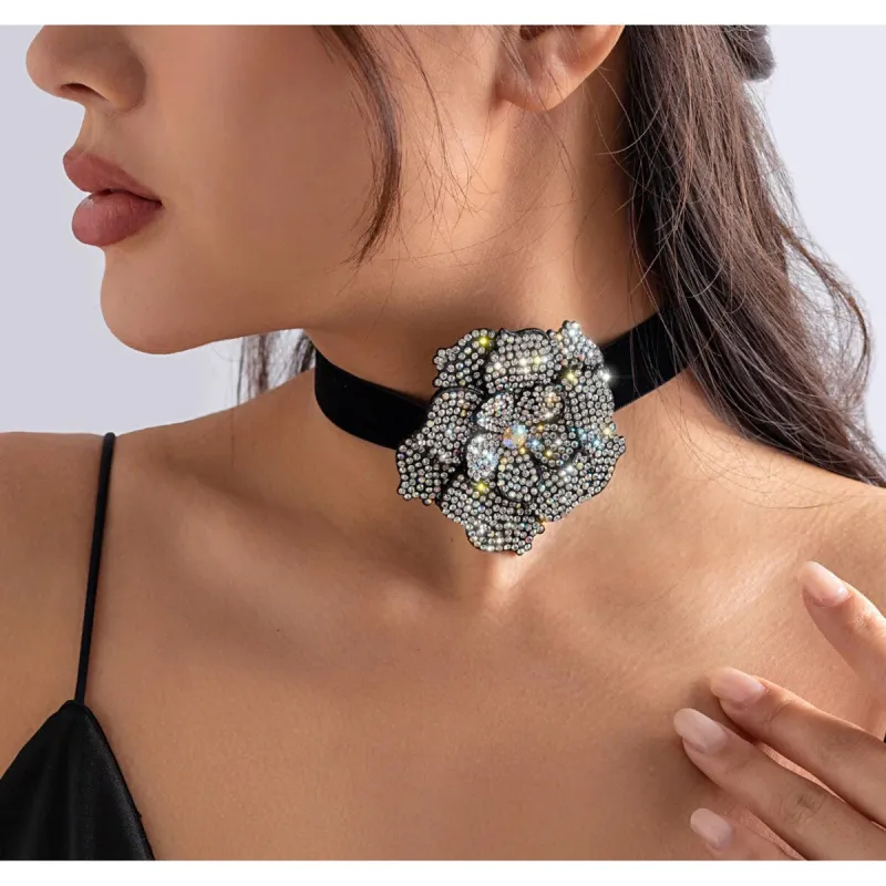 Black Choker & Crystal Flower Necklace - White sold by Zulily