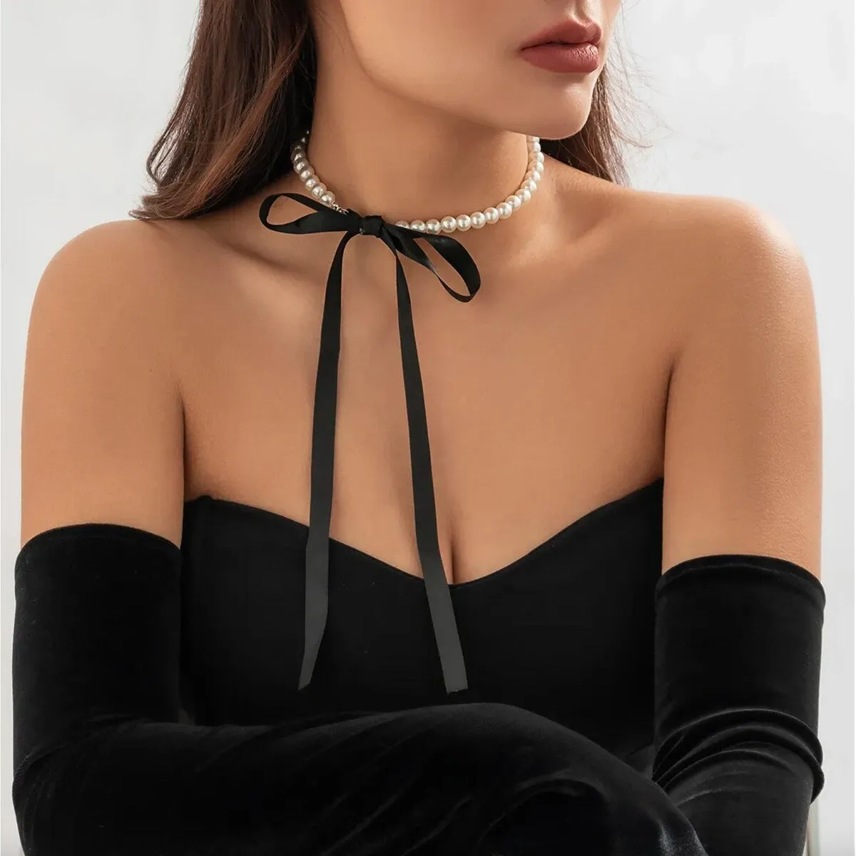 Imitation Pearl & Black Ribbon Bow Choker Necklace - White sold by Zulily