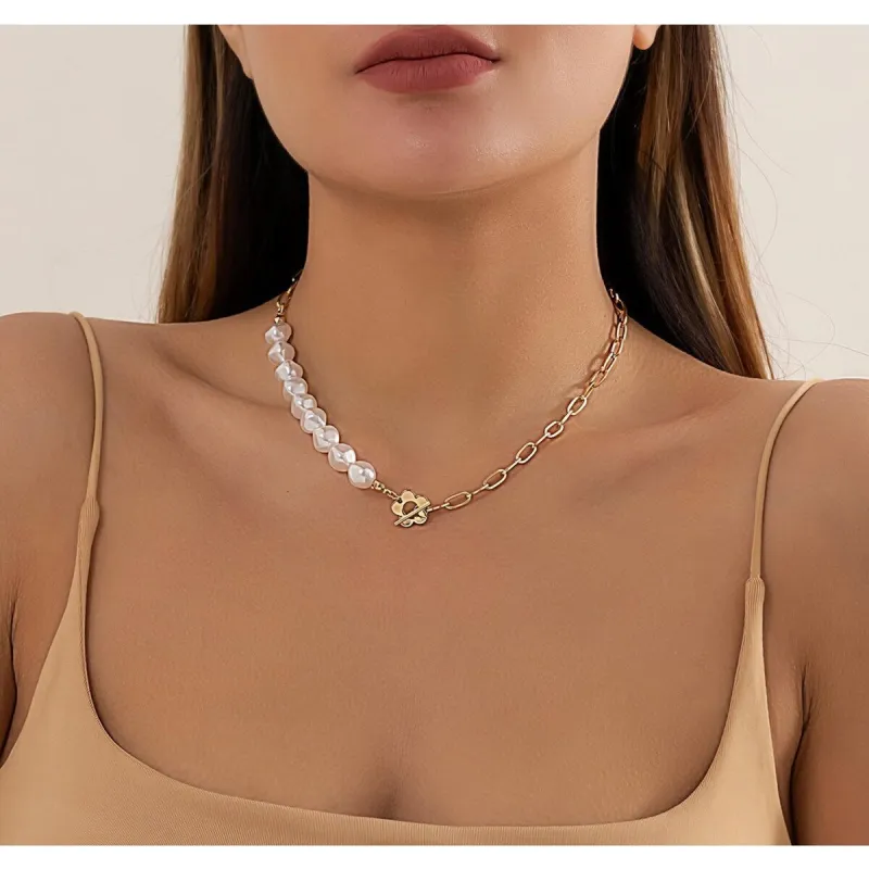 Goldtone Imitation Pearl Flower Toggle Necklace - White sold by Zulily