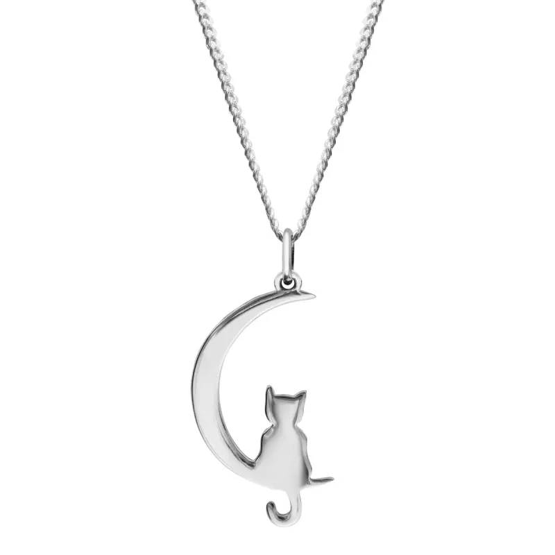 Sterling Silver Cat Crescent Moon Pendant Necklace - White sold by Zulily