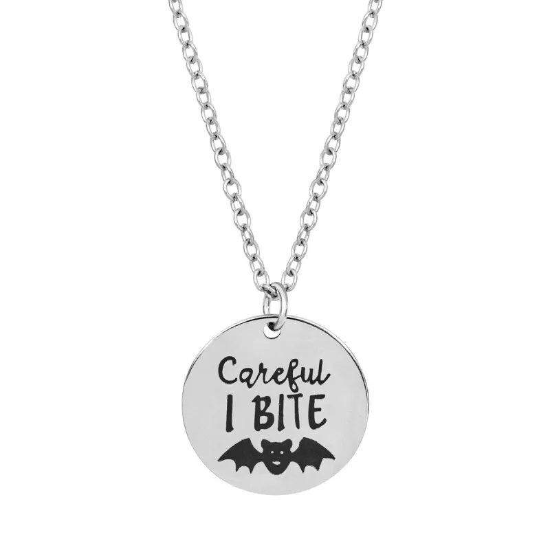 Silvertone Careful I Bite Halloween Pendant Necklace - White sold by Zulily