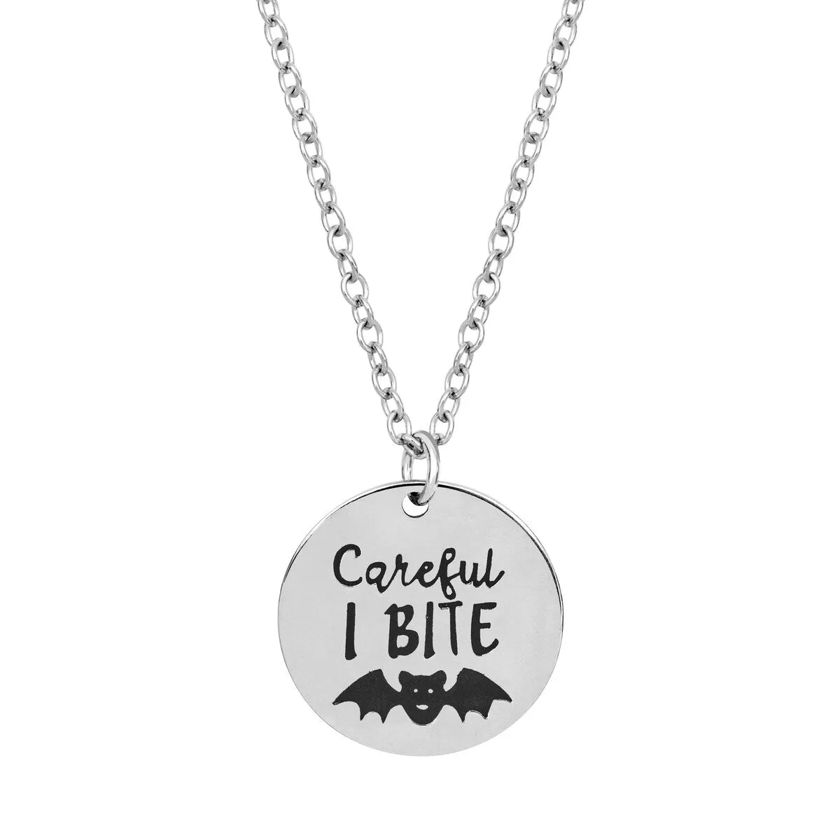 Silvertone Careful I Bite Halloween Pendant Necklace - White sold by Zulily