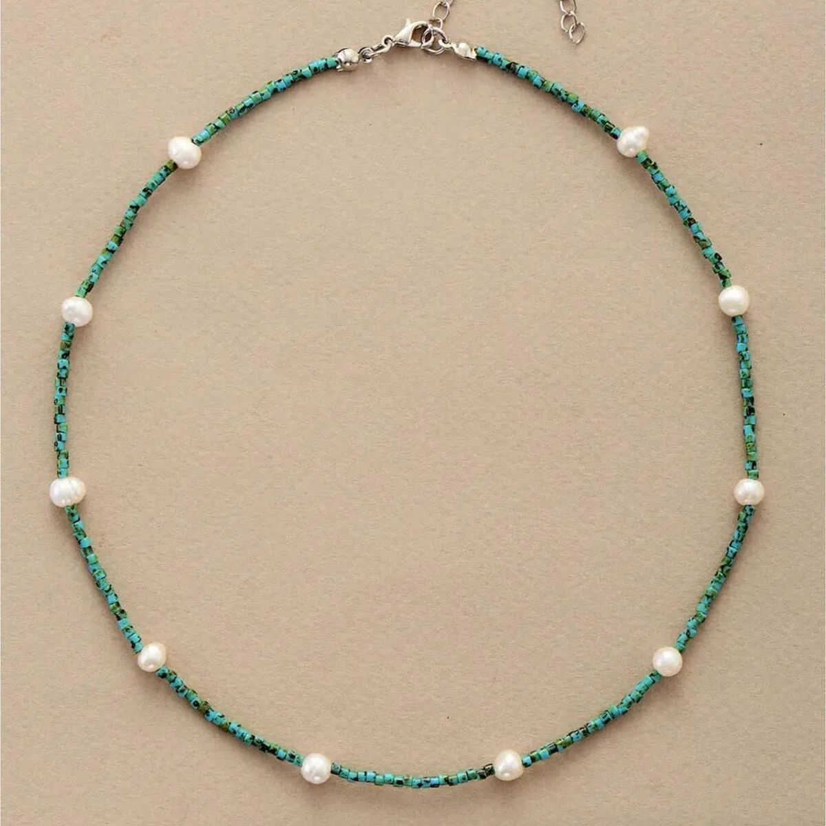 Aqua & Green Seed Bead and Freshwater Pearl Choker Necklace - White sold by Zulily