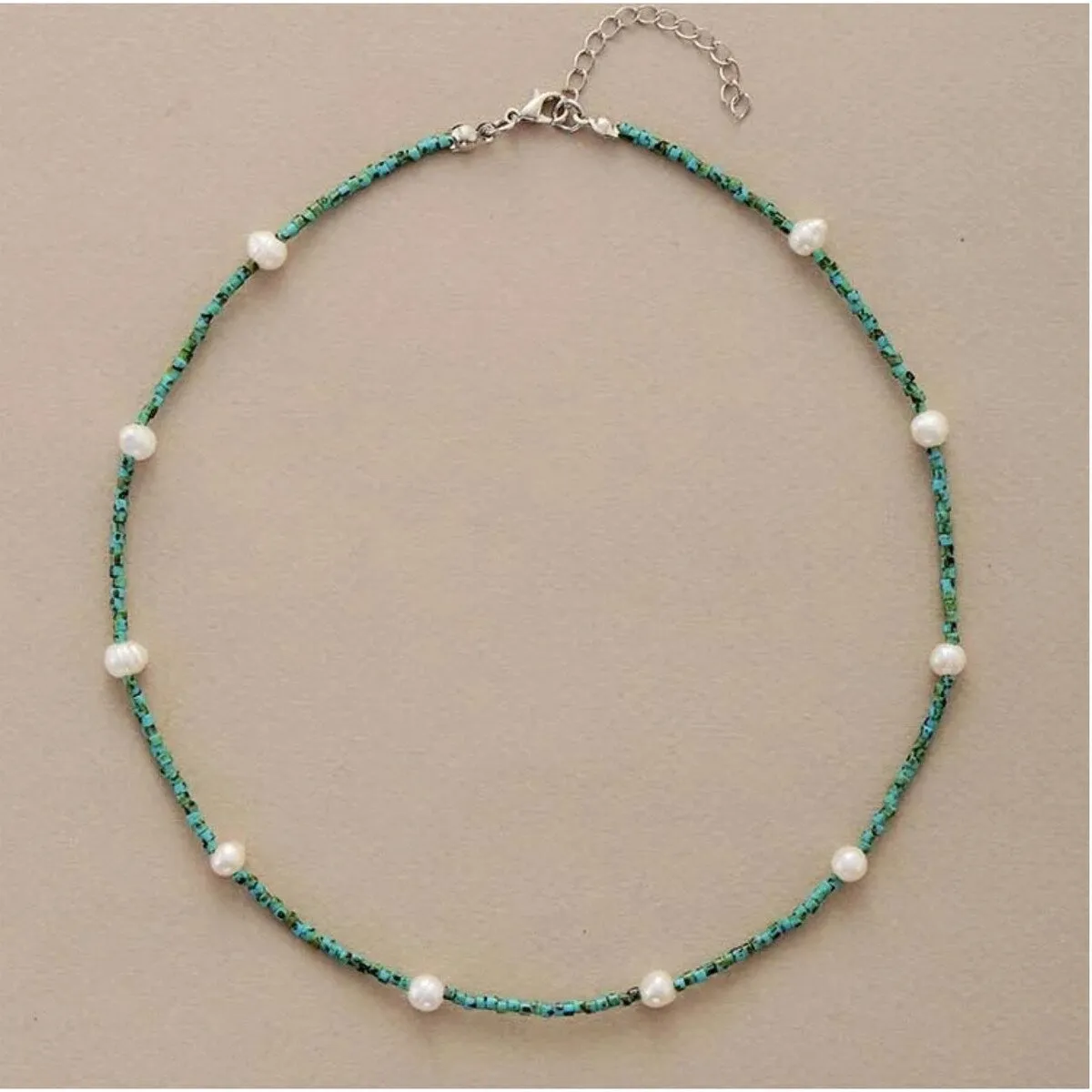 Aqua & Green Seed Bead and Freshwater Pearl Choker Necklace - White sold by Zulily product image thumbnail 2