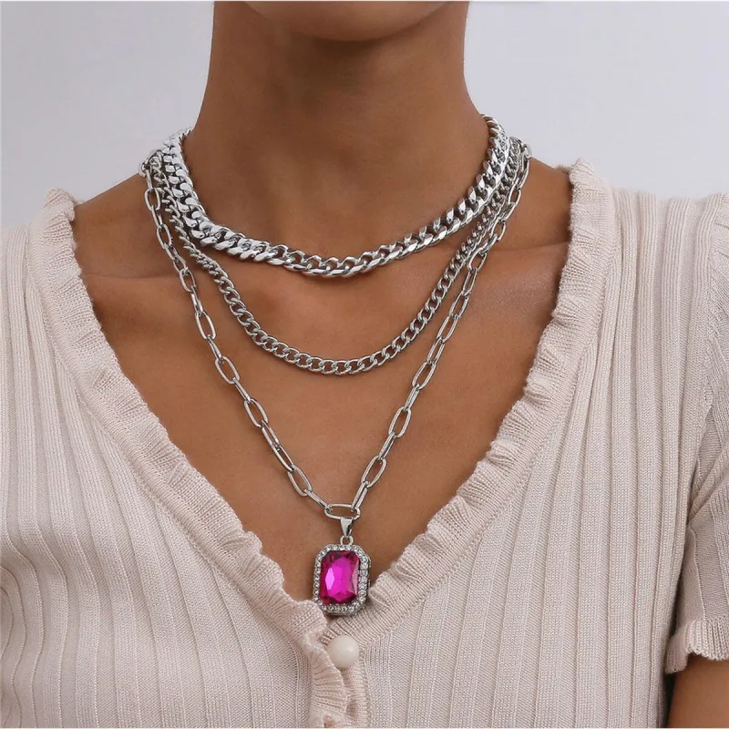 Silvertone Layered Necklace With Pink Crystal - White sold by Zulily