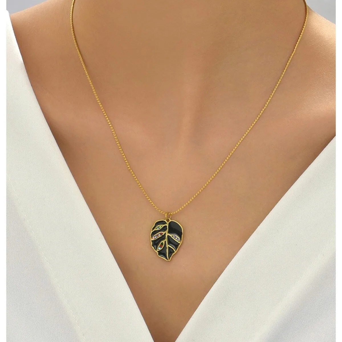 Goldtone Leaf Crystal Pendant Necklace - White sold by Zulily