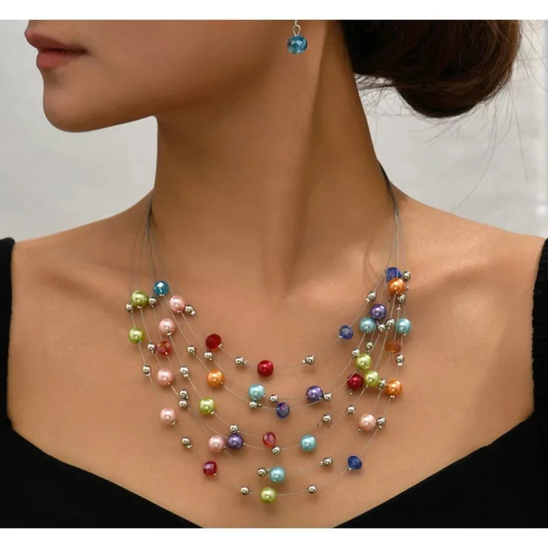 Silvertone & Metallic Multi-Colored Beaded Layered Necklace with Blue Faceted Drop Earrings - White sold by Zulily