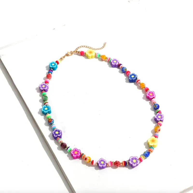 Multi Colored Flower Beaded Necklace - White sold by Zulily