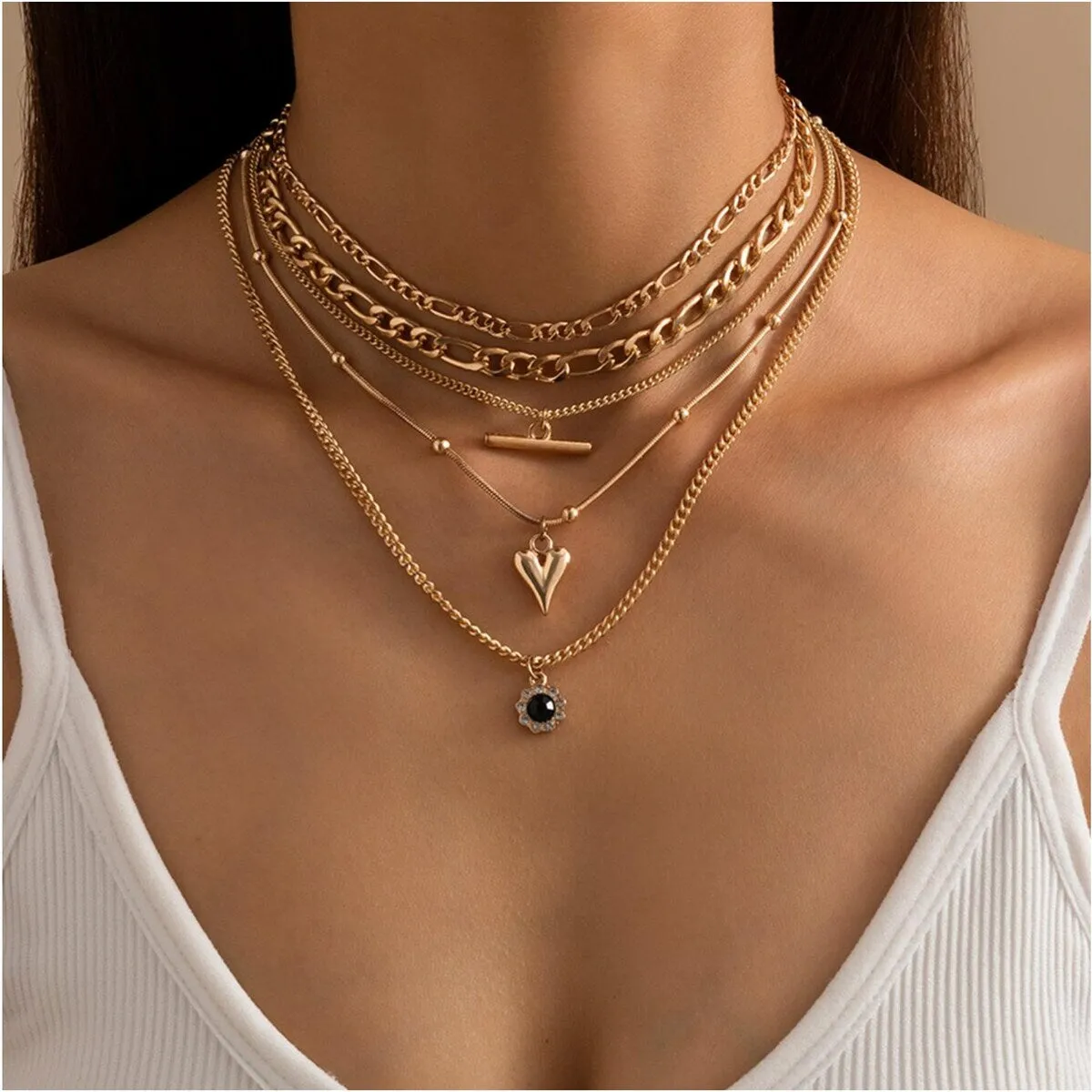 Black Crystal & Goldtone Heart Layered Chain Necklace - White sold by Zulily