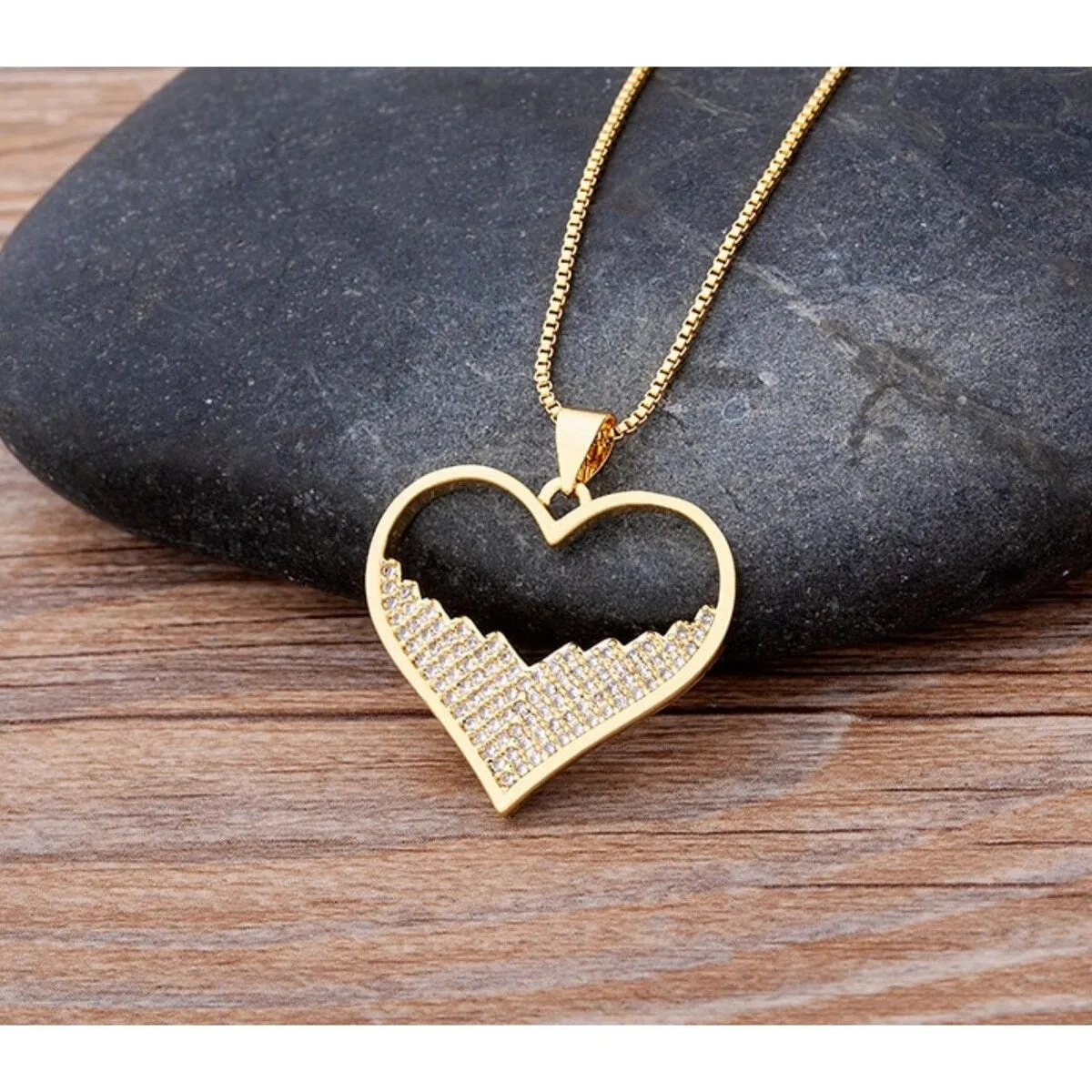 Goldtone Heart Pendant Necklace With Half Cubic Zirconia In Clear - White sold by Zulily