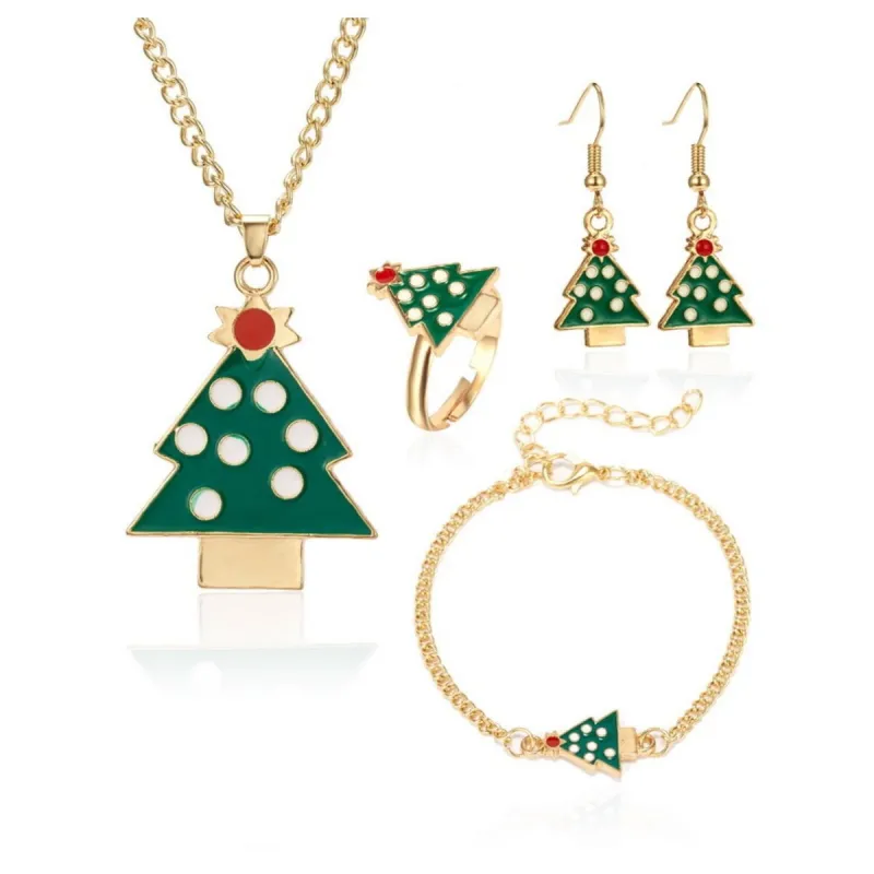 Green & Goldtone Christmas Tree Necklace, Earring, Ring & Bracelet Set - White sold by Zulily