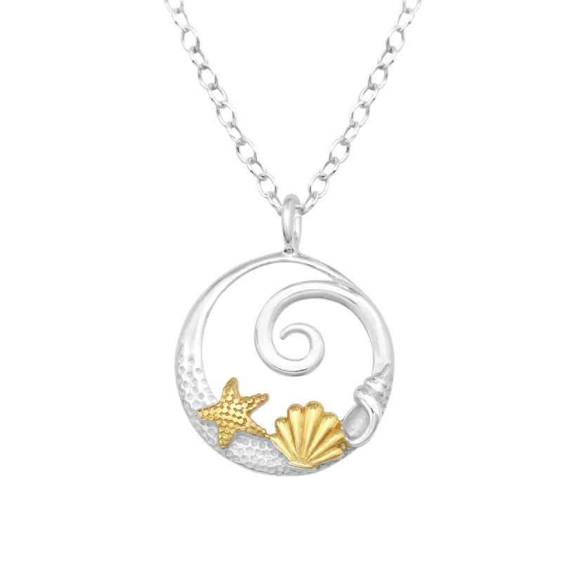 Sterling Silver and 18kt Gold Plated Wave, Shell, and Starfish Pendant Necklace - White sold by Zulily
